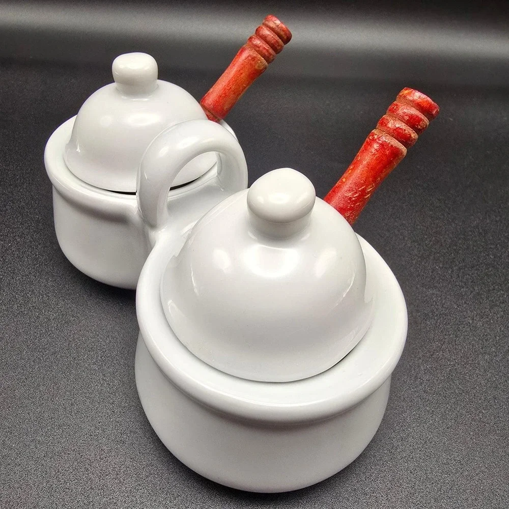 Houston Harvest HH Double Ceramic Condiment Server‎ Dish with Spoons White